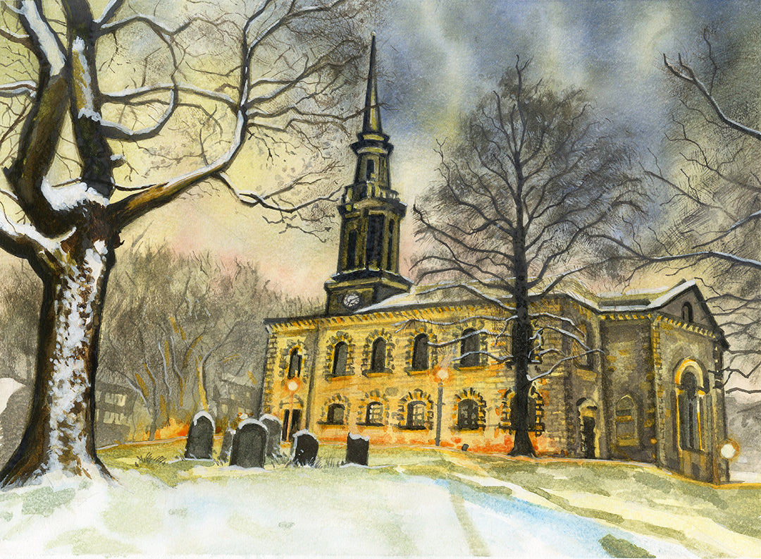 St Paul's Church in the snow - original watercolour painting